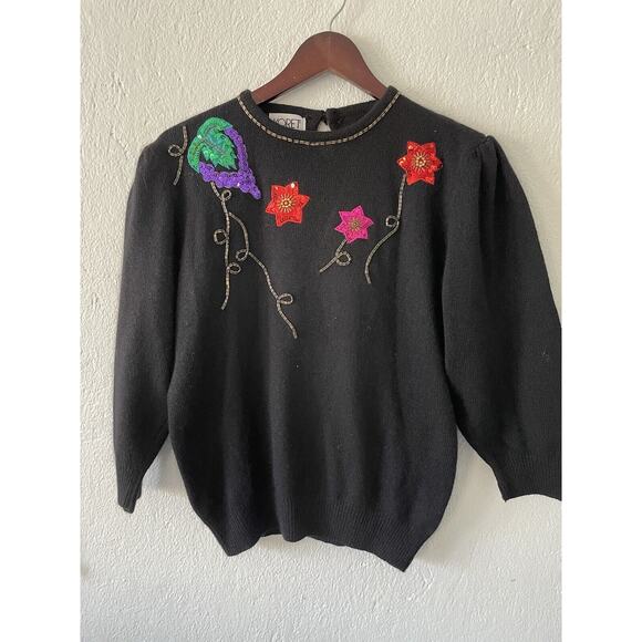 Koret Vintage Sweater Wool Blend Fruit Starsl Embroidered Beaded Black Med - Picture 1 of 10